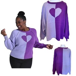 NWOT Kate & Mallory Two-Tone Purple Heart Intarsia Cotton Blend Sweater 2X